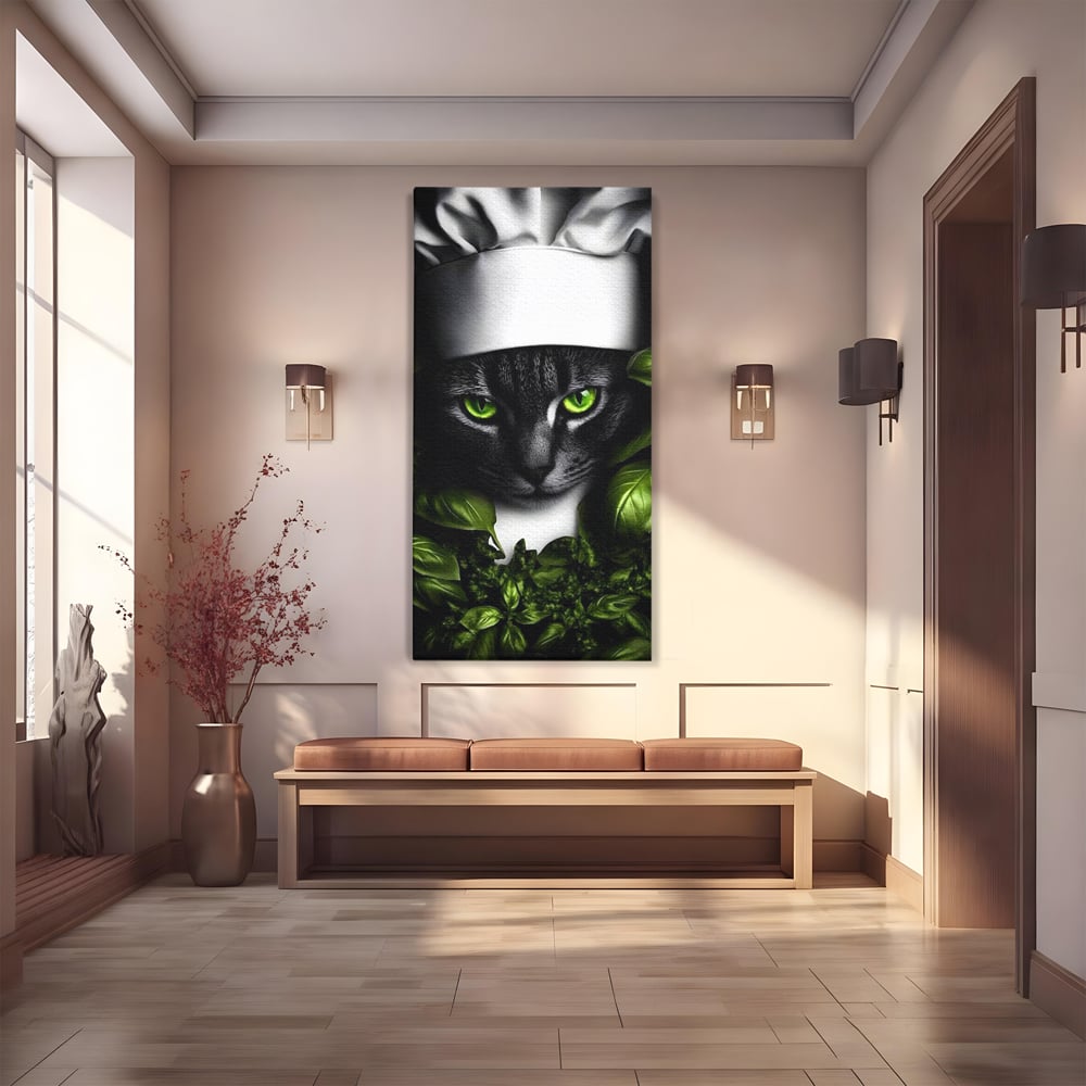 Tablou canvas cu tablou canvas cu pisica bucatar si frunze, fara rama, pe sasiu de lemn